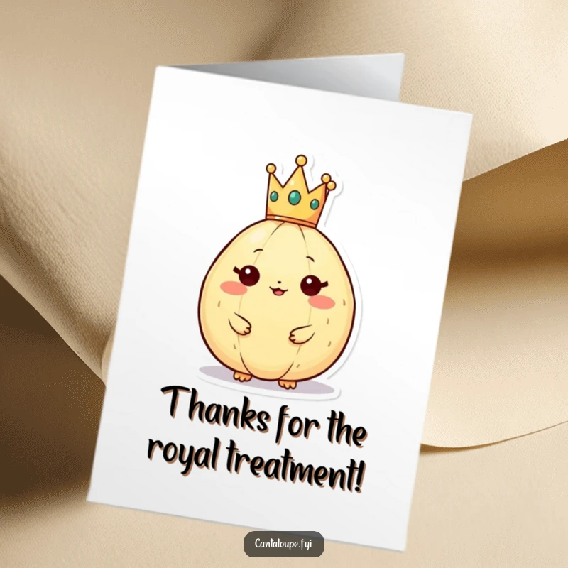 Funny Free Printable Thank You Card: Cantaloupe adorned with a tiny crown, looking regal and graciously thanking.
