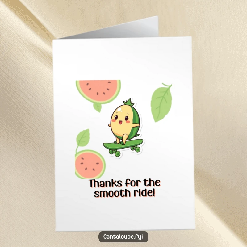 Funny Free Printable Thank You Card: a cantaloupe skates a giant watermelon, showing appreciation with a stylish and humorous, downhill ride.