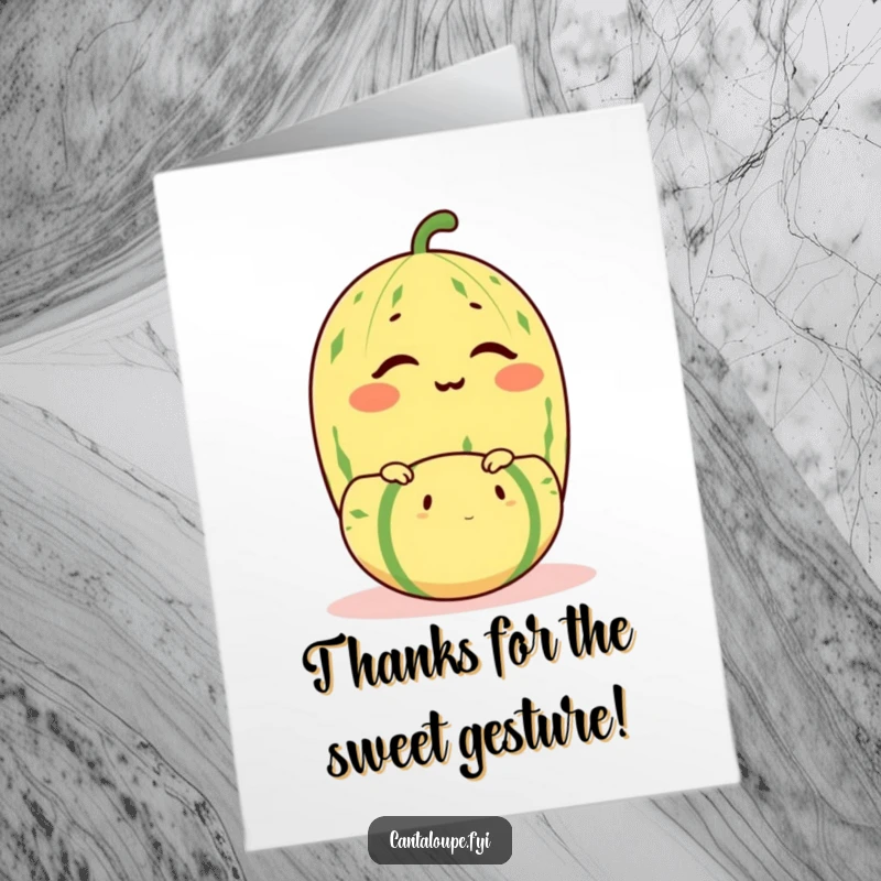 Funny free printable thank you card of a cantaloupe character winking while balancing a smaller melon with ease.