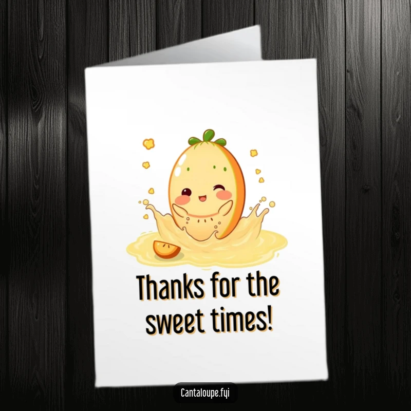 Funny Free Printable Thank You Card: Cantaloupe character splashing playfully in a pool of delicious, sweet juice.