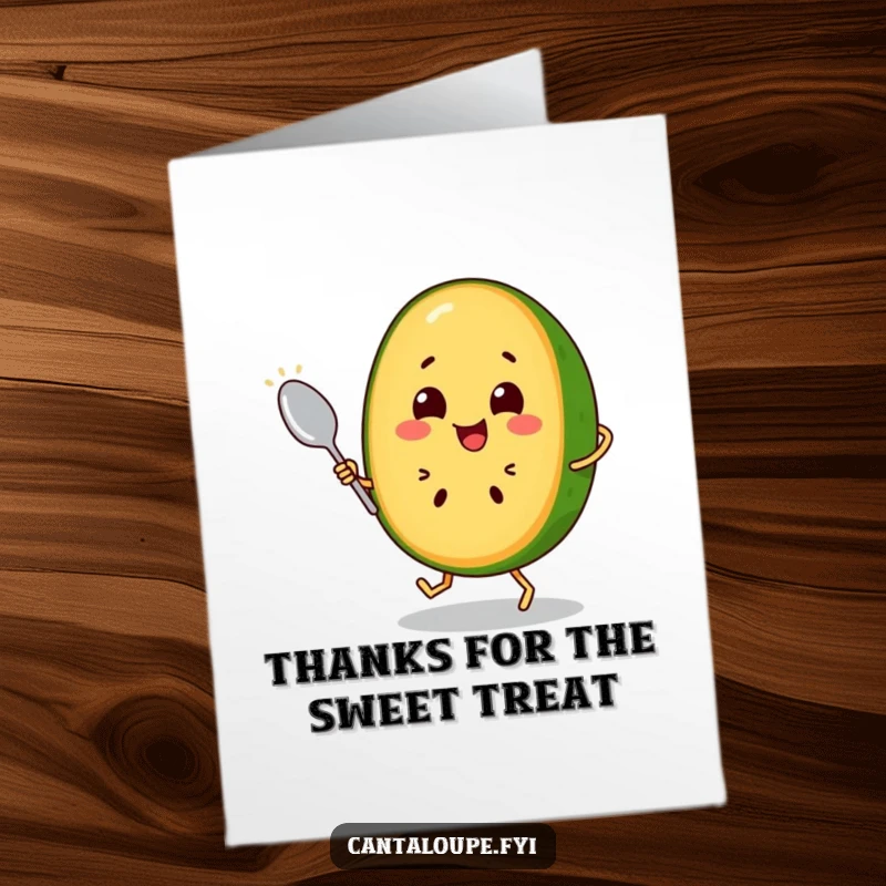 Funny Free Printable Thank You Card: Cheerful Cantaloupe Slice Grooving and Dancing with a Spoon, Full of Joy