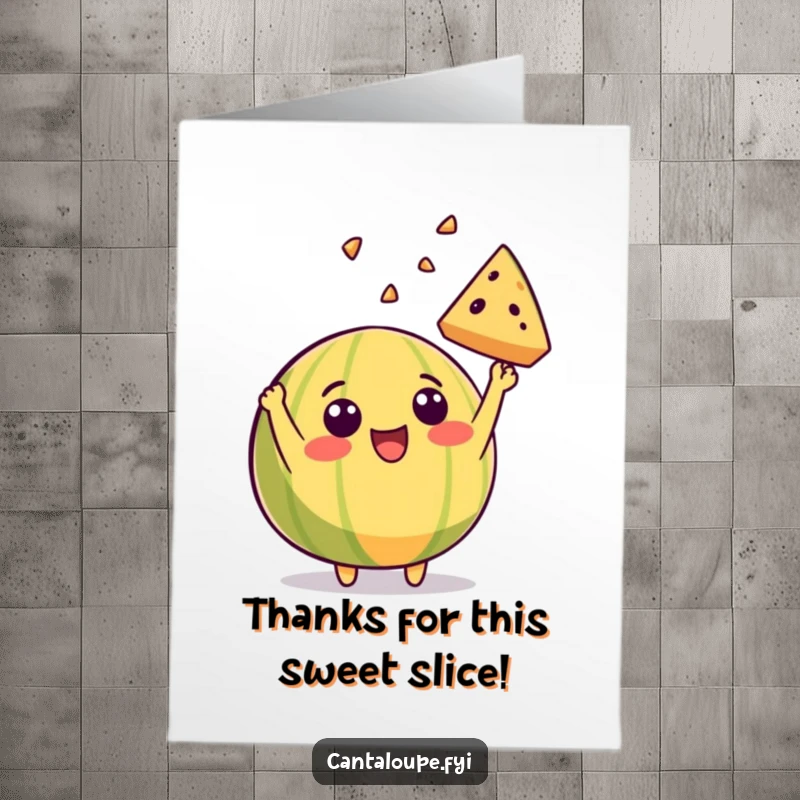 Funny Free Printable Thank You Card: A cantaloupe character beams while enthusiastically tossing a piece of itself.