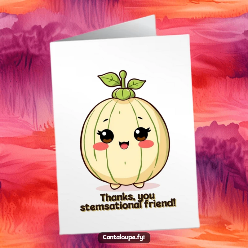 Funny Free Printable Thank You Card: Cantaloupe character wearing a tiny stem hat with an expression of smug pride.