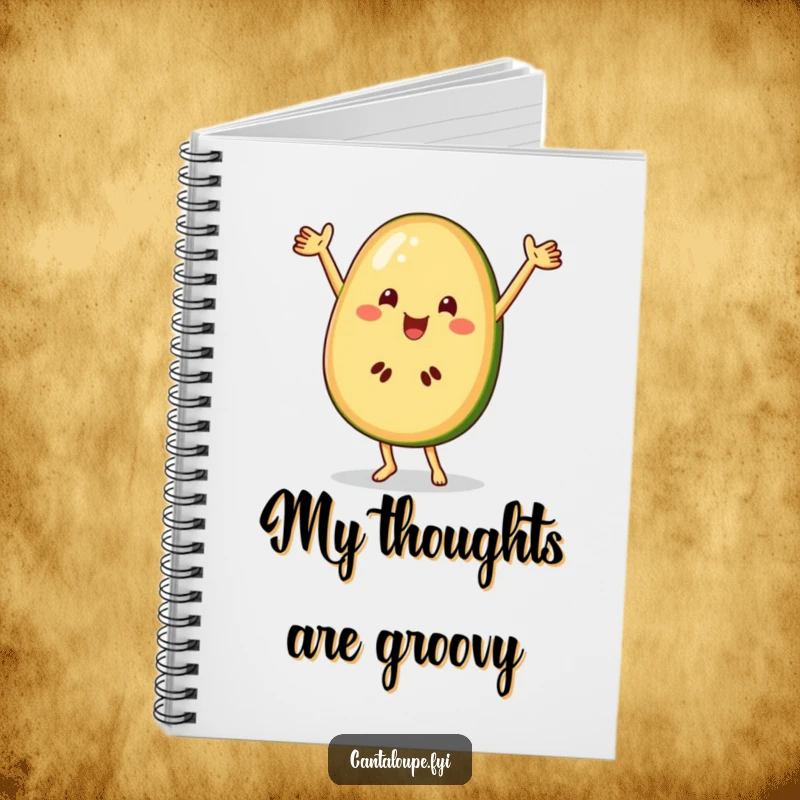 Funny cantaloupe slice character in a dancing pose on a notebook cover, ideal for jotting notes.