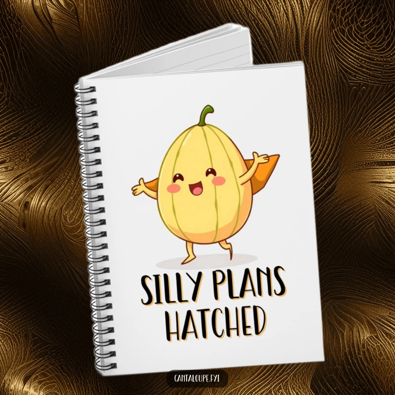 Funny cantaloupe character performing a silly dance with its rind as a cape, a humorous notebook for capturing creative thoughts.