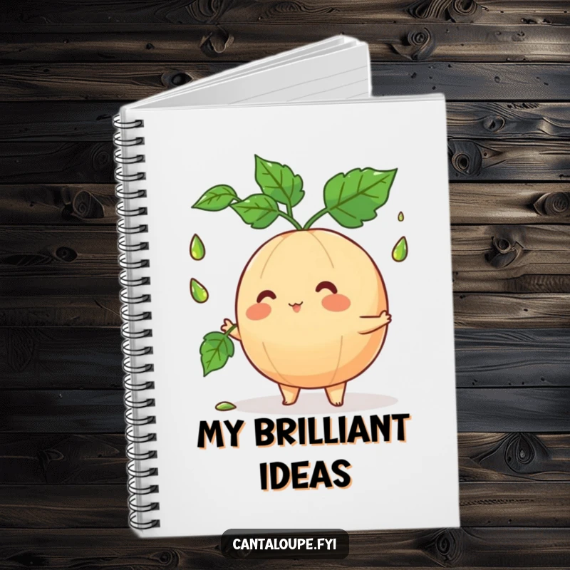 Funny cantaloupe character juggling leaves on a notebook cover, inspiring creativity and chuckles for all your writing needs.