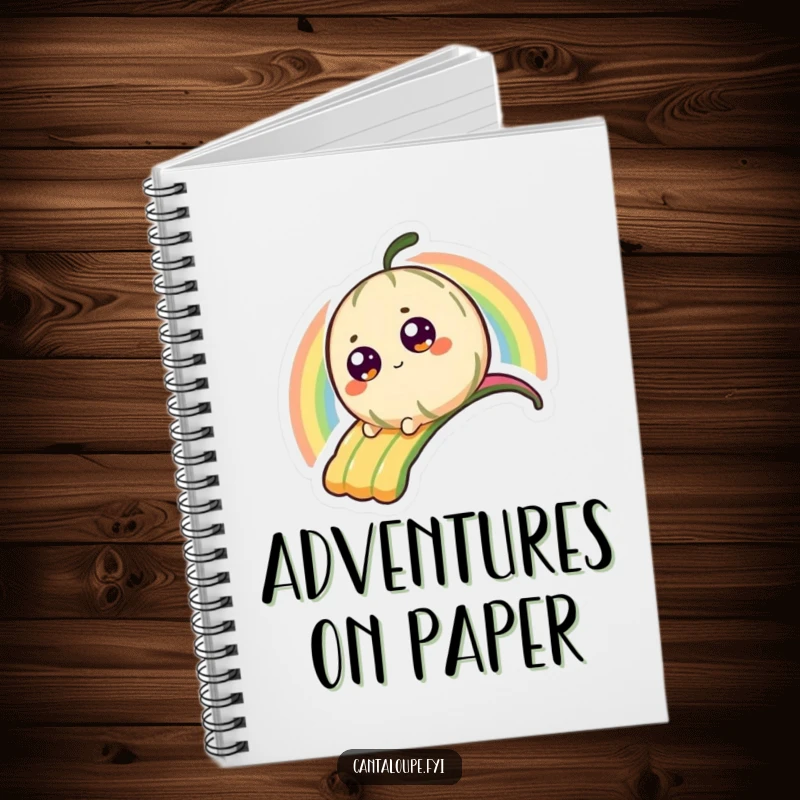Funny Notebook cover featuring a tiny, wide-eyed cantaloupe character gleefully sliding down a vibrant rainbow, ready for notes.
