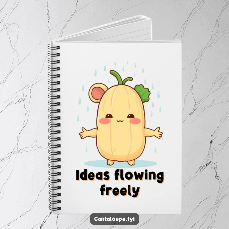Funny cantaloupe character standing in a gentle rain shower on a notebook cover, inviting calm reflection and organized thoughts.