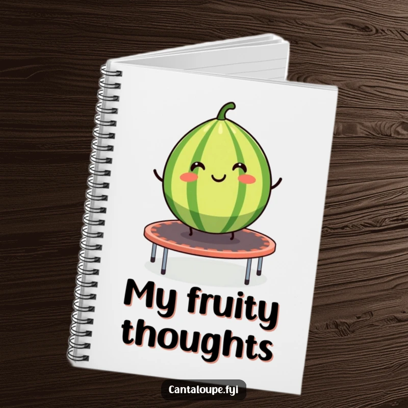 Funny notebook cover featuring a smiling cantaloupe segment bouncing on a trampoline, ideal for jotting down happy thoughts.