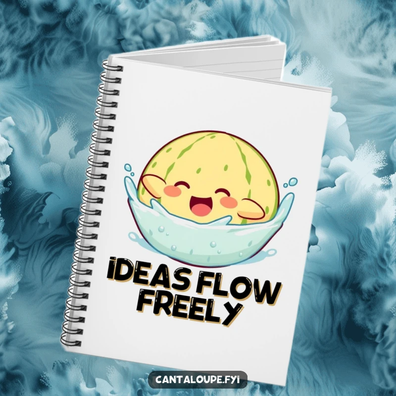 Funny notebook cover featuring a cantaloupe character joyfully splashing into water, ready to capture your most brilliant ideas.
