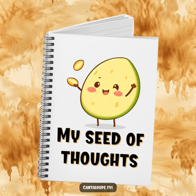 Funny Notebook with a cheerful cantaloupe wedge character juggling three tiny cantaloupe seeds, perfect for jotting down routines.