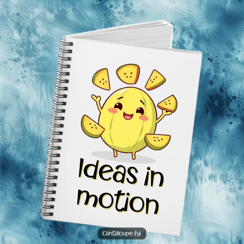 Funny notebook featuring a cantaloupe character grinning while juggling slices of itself, perfect for brainstorming and jotting down performance ideas.