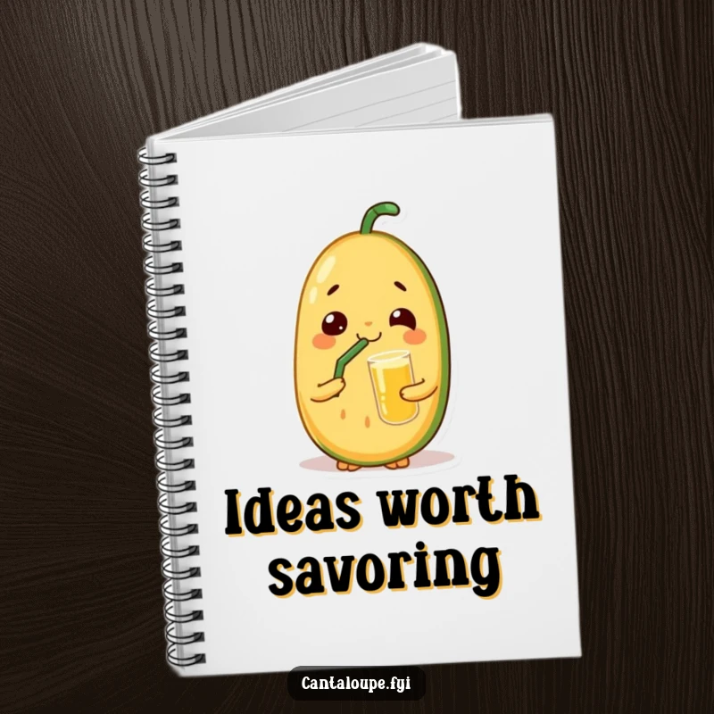 Funny notebook featuring a cantaloupe character with a satisfied look, sipping juice through a straw, perfect for jotting down relaxing thoughts.