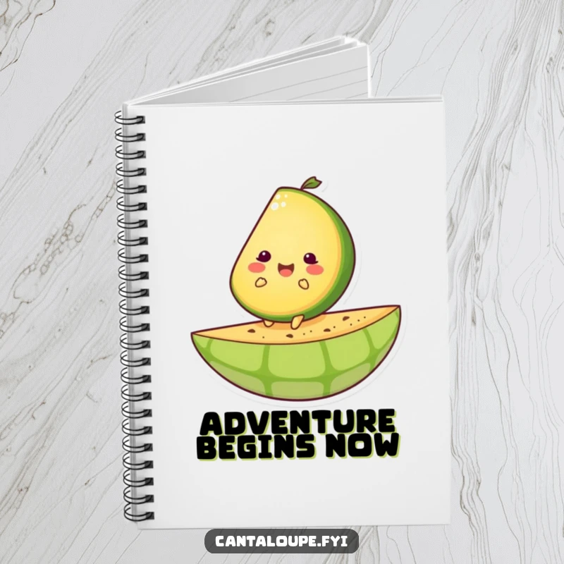 Funny notebook with a happy cantaloupe slice character riding a giant melon rind, ideal for journaling.