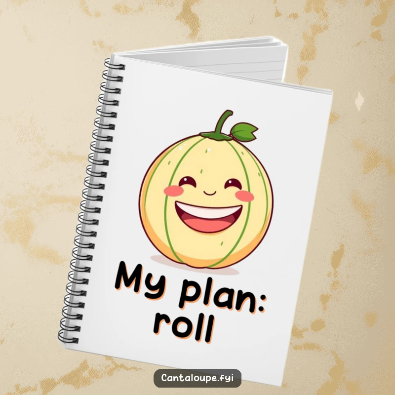 Funny Cantaloupe Notebook: A journal depicting a cantaloupe with a wide grin rolling downhill, inspiring creative and fun thoughts.