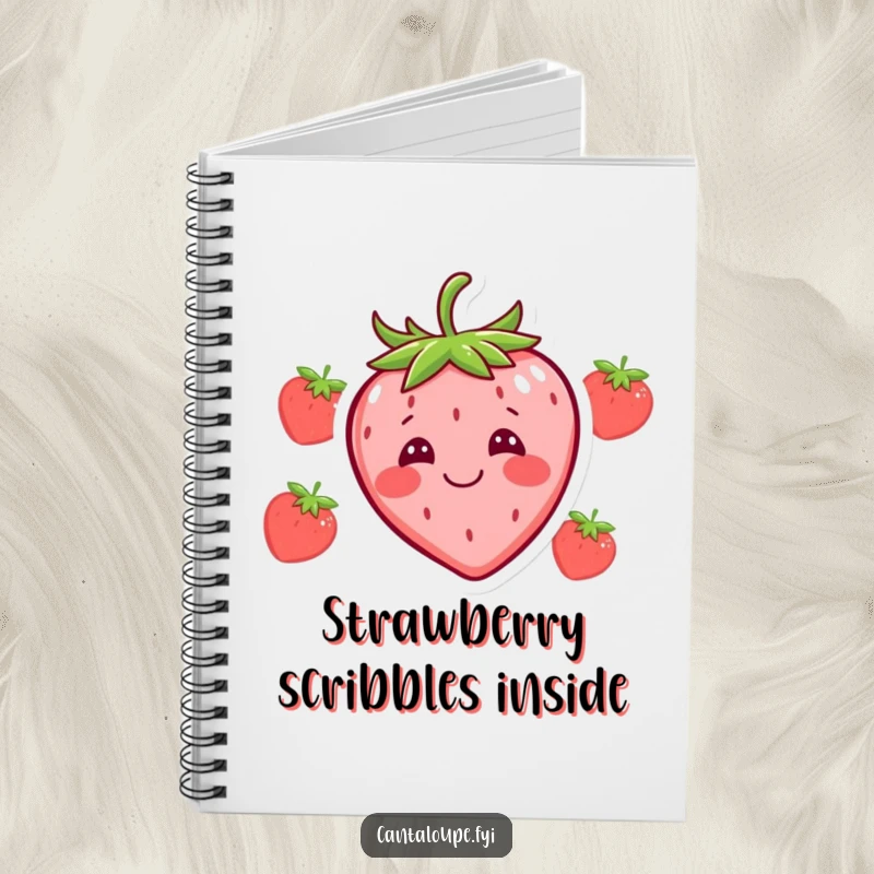 Funny notebook featuring a happy strawberry character with a silly, exaggerated face, ideal for jotting down notes humorously.