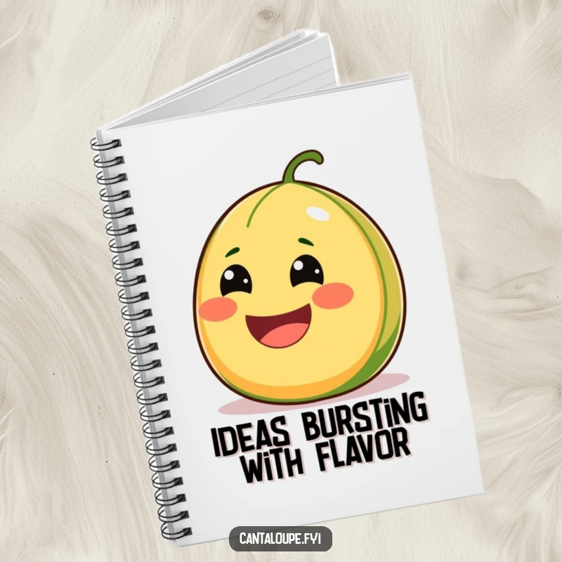 Funny Cantaloupe Notebook with a comically wide-smiling character, bursting with juiciness, perfect for capturing thoughts and doodles.
