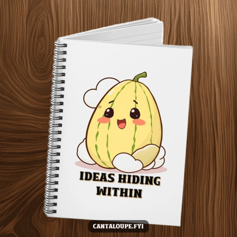 Funny Notebook cover featuring a whole cantaloupe character with an excited expression, peeking from behind a cloud.
