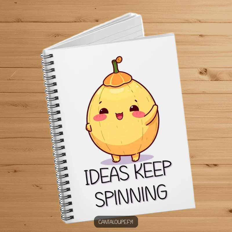 Funny notebook with a happy anthropomorphic cantaloupe character spinning a colorful top, perfect for note-taking.