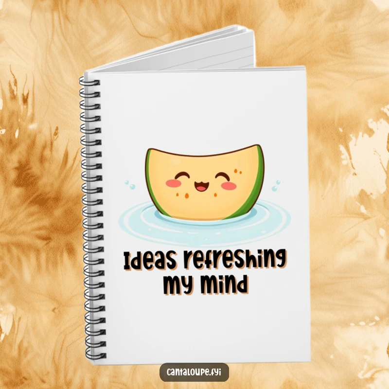 Funny notebook cover featuring a giggling cantaloupe slice character bobbing in water, perfect for jotting down summer ideas and plans.