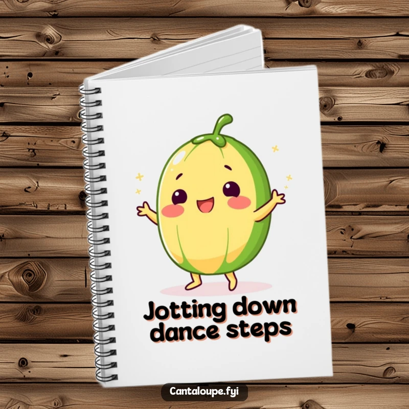 Funny Cantaloupe Notebook with a character doing a silly dance, sprinkled with sugar, perfect for creative writing and notes.