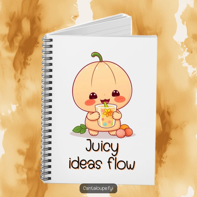 Funny notebook cover with a cantaloupe character joyfully slurping a colorful drink, ideal for jotting down thoughts.