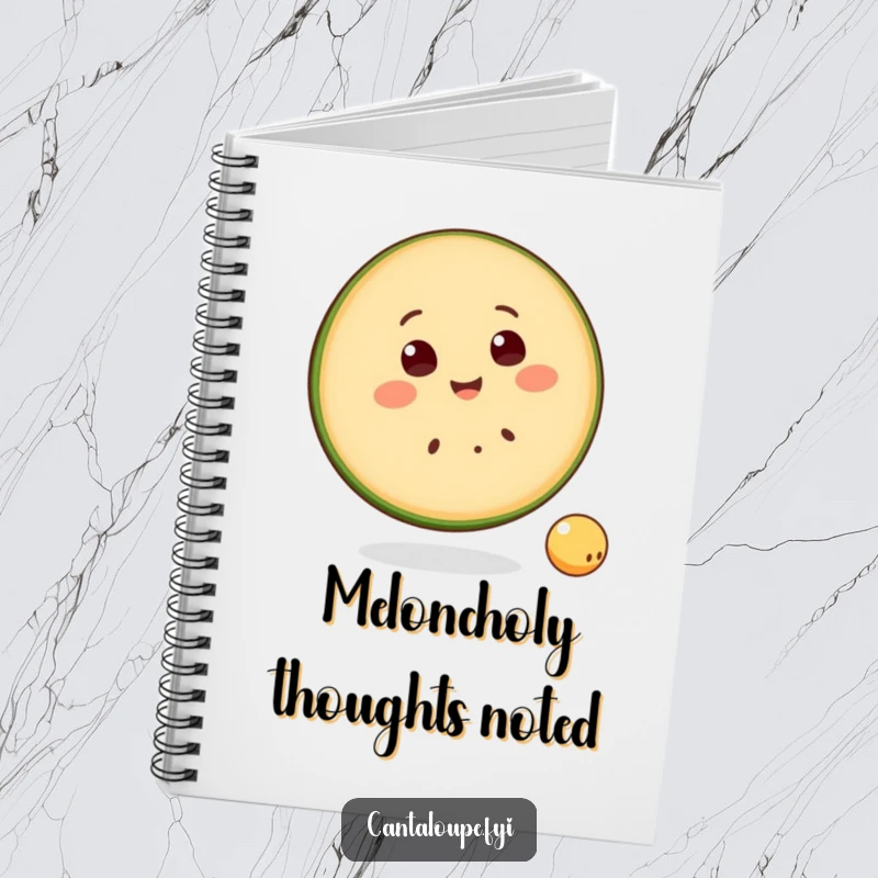 Funny Notebook with a smiling cantaloupe slice character happily bouncing a small ball, perfect for jotting down cheerful thoughts.