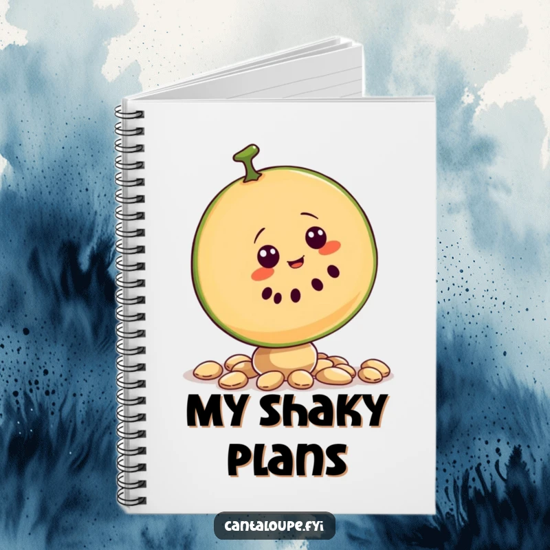Funny notebook with a cover illustration of a cantaloupe slice character attempting to balance on seeds.