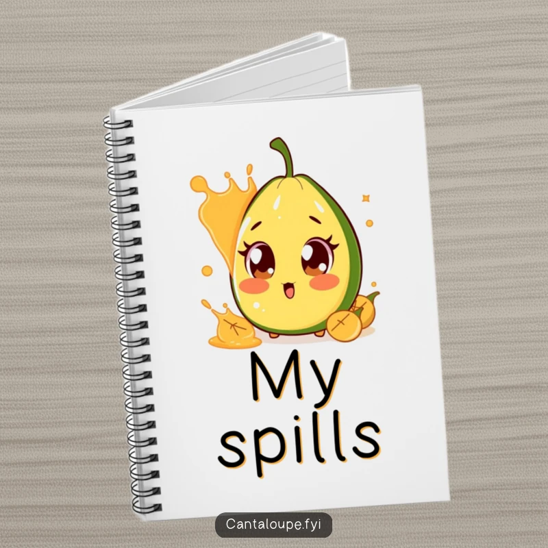 Funny Surprised Cantaloupe Notebook: A notebook cover showing a cantaloupe character with large, surprised eyes, startled by a juice splash, ideal for note-taking.