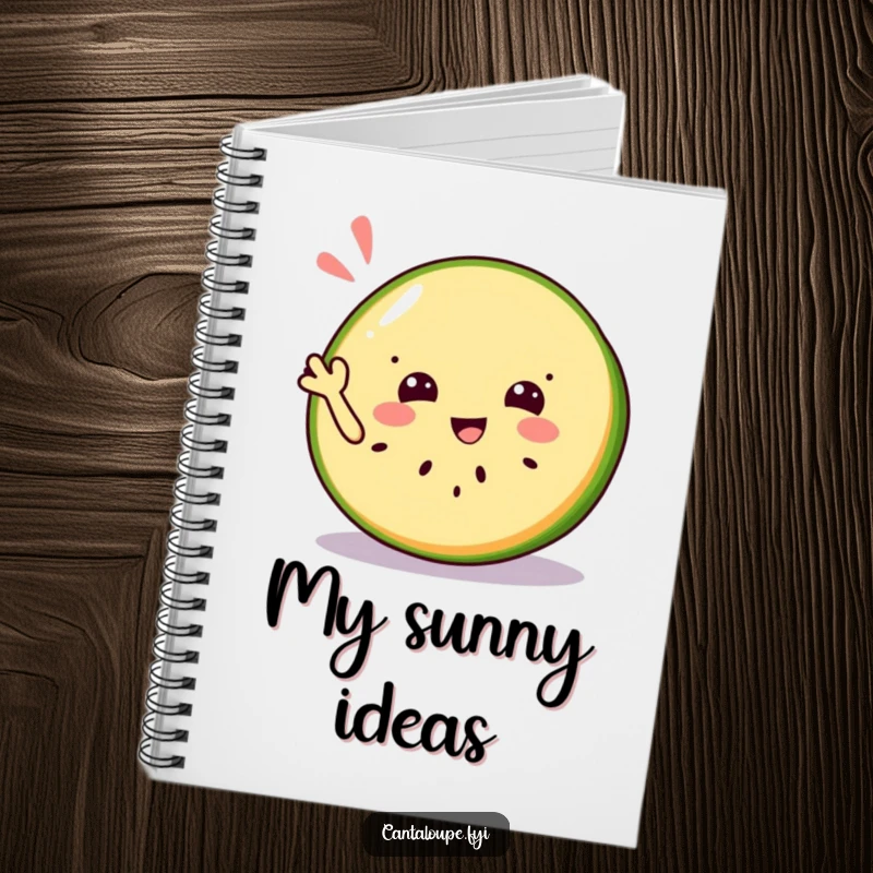 Funny notebook with a cover illustration of a jolly cantaloupe slice character giving a friendly and refreshing wave.