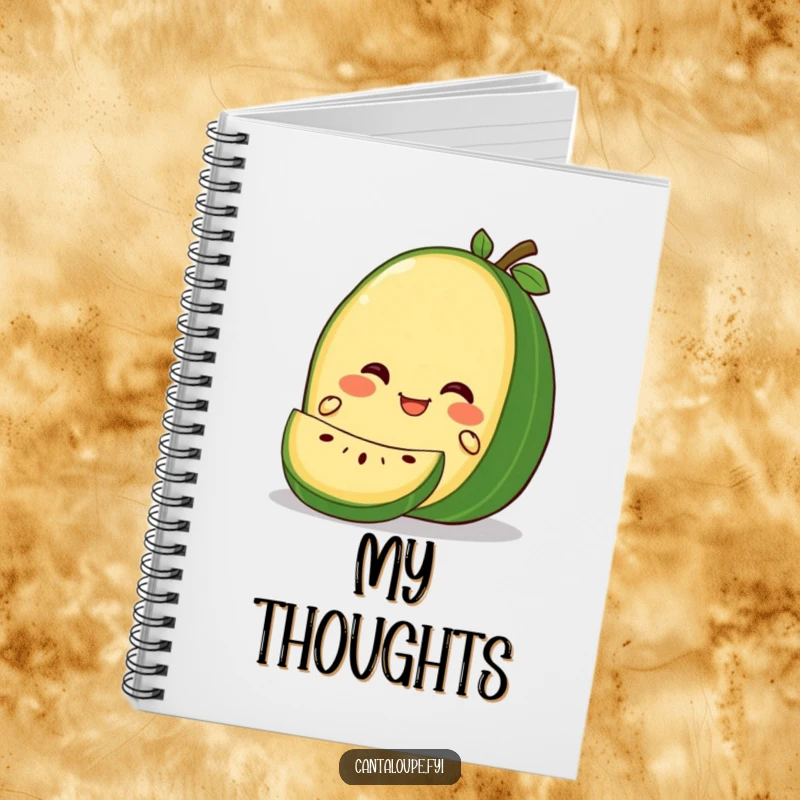Funny Gleeful Cantaloupe Notebook: A notebook cover showing a cantaloupe character with a gleeful expression as it's gently sliced, ideal for note-taking.