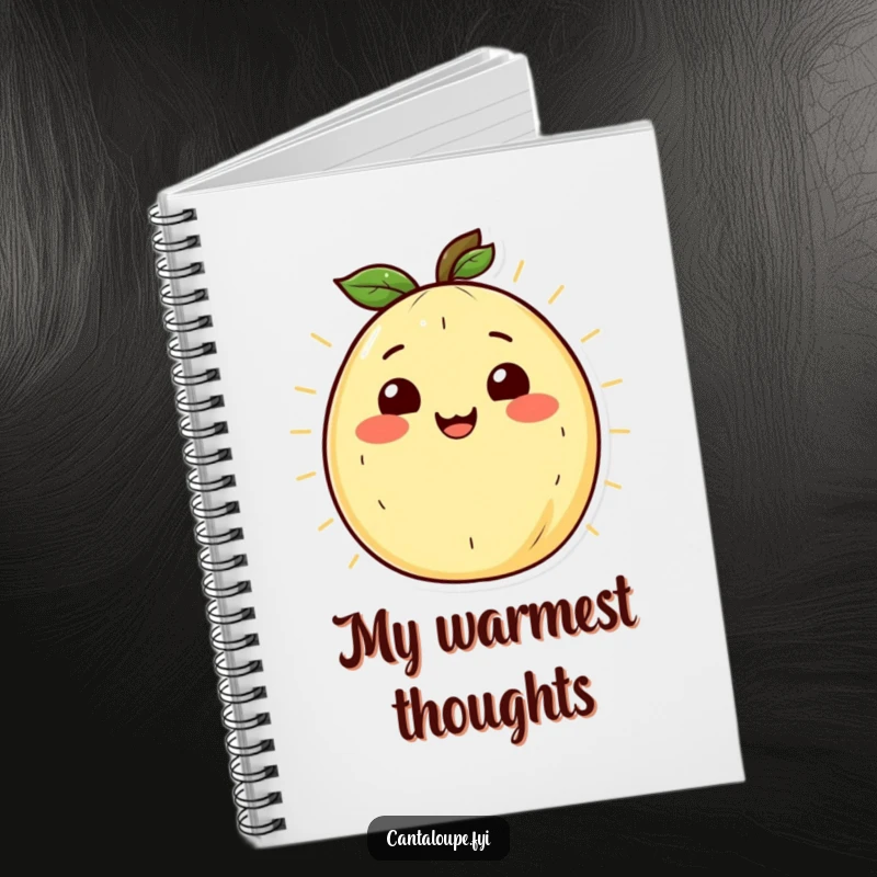 Funny Cantaloupe Notebook: A notebook with a cantaloupe character smiling radiantly and radiating warmth, great for notes.