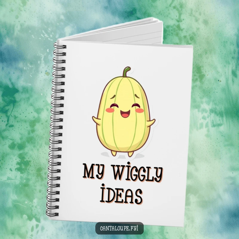 Funny notebook with a grinning cantaloupe character wiggling with joy, ideal for journaling happy moments.