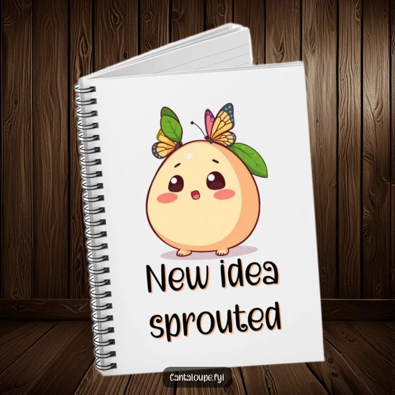 Funny notebook cover with a startled anthropomorphic cantaloupe and a butterfly, perfect for capturing thoughts and doodles.