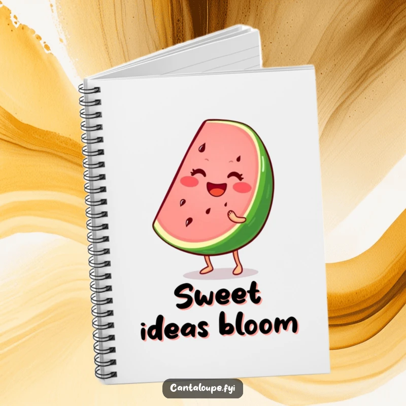 Funny notebook with a smiling watermelon wedge character wiggling enthusiastically, perfect for jotting down ideas with summer fun.