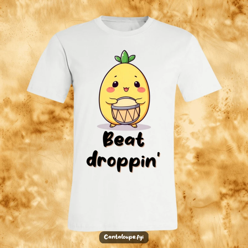 Funny Drumming Cantaloupe T-Shirt: A cantaloupe character enthusiastically playing a small drum, with musical notes possibly in the air, conveying joy.