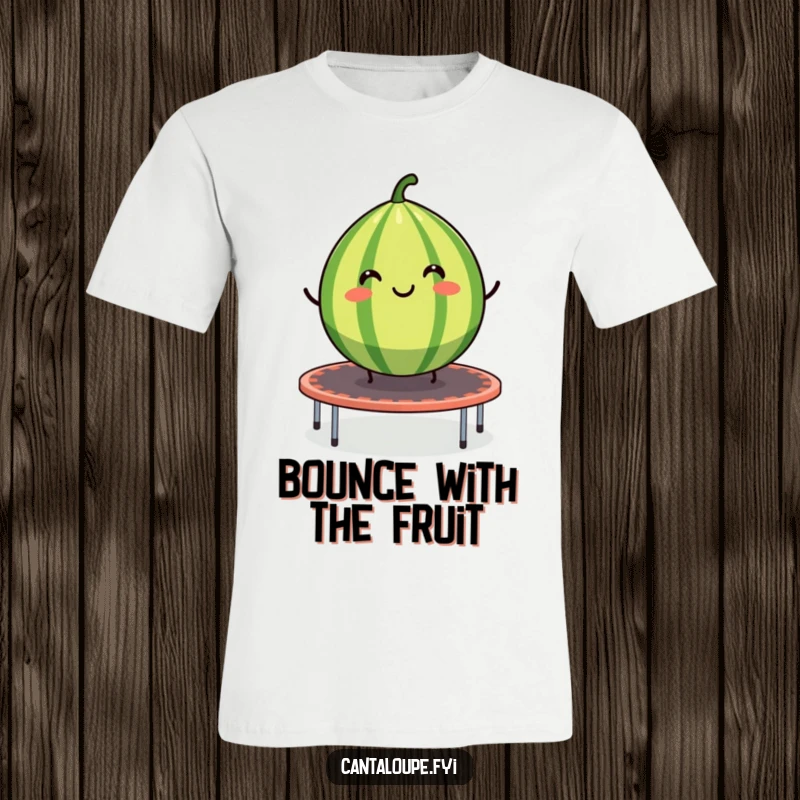 Funny t-shirt depicting a smiling cantaloupe segment enthusiastically bouncing on a trampoline, a joyful and energetic scene.