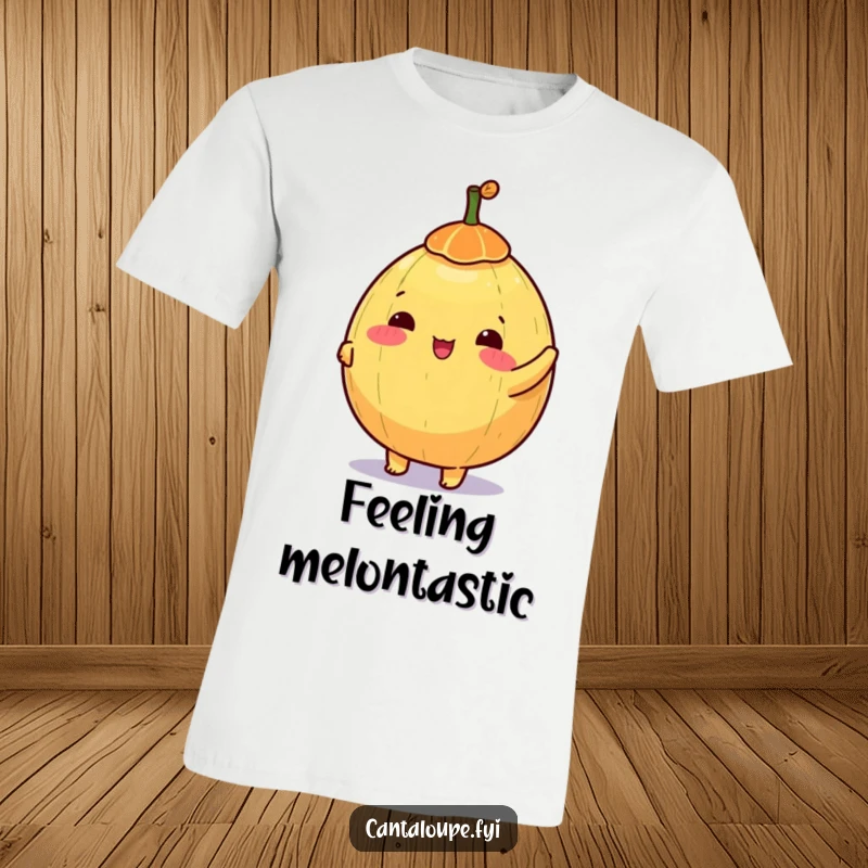 Funny t-shirt of a happy anthropomorphic cantaloupe character spinning a small, colorful toy top with excitement.