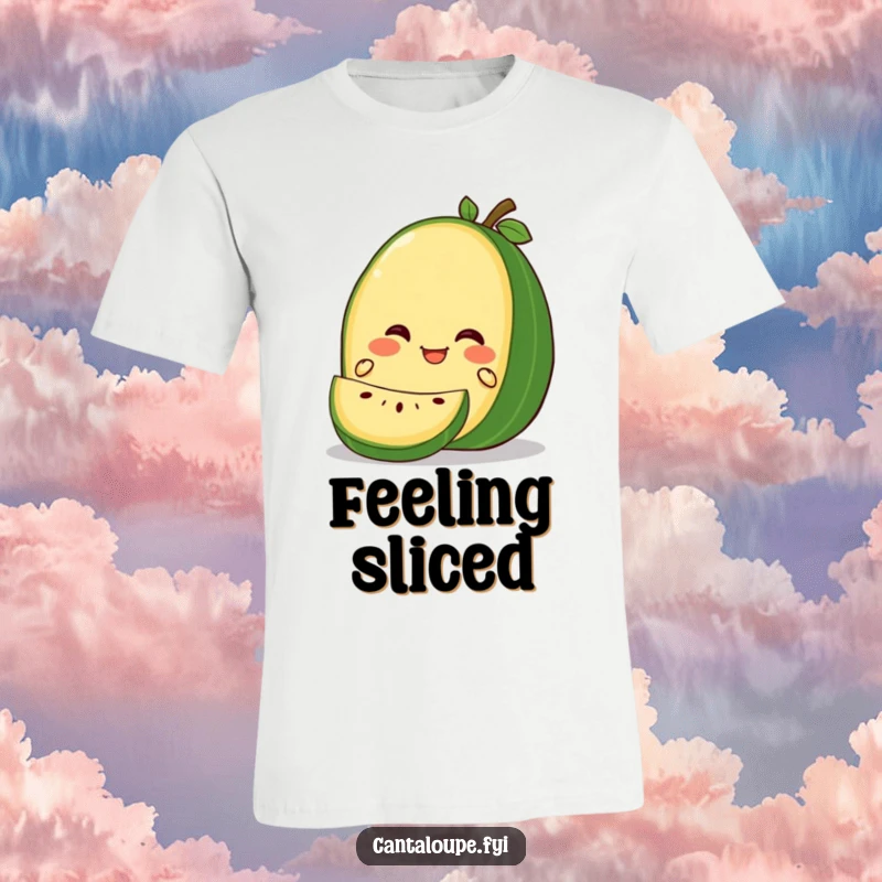 Funny Gleeful Cantaloupe T-Shirt: A cantaloupe character depicted with a joyful expression as a knife gently slices it, creating a humorous visual.