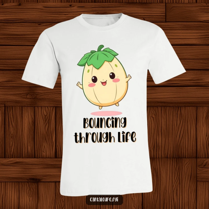 Funny T-Shirt showcasing a happy cantaloupe character bouncing energetically, radiating happiness and playful vibes.