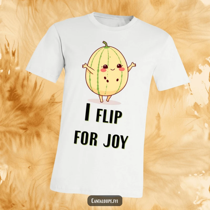 Funny t-shirt print of a cheerful cantaloupe with small feet, doing a cartwheel with immense delight.