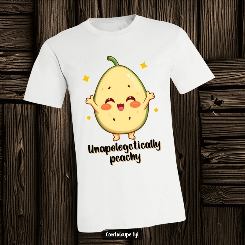 Funny Cantaloupe T-Shirt: A happy cantaloupe character with a bright, sunny disposition, cheering enthusiastically.