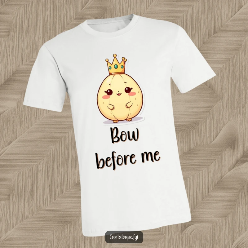 Funny cantaloupe character wearing a small crown, depicted on a T-shirt, exuding a regal and humorous presence.