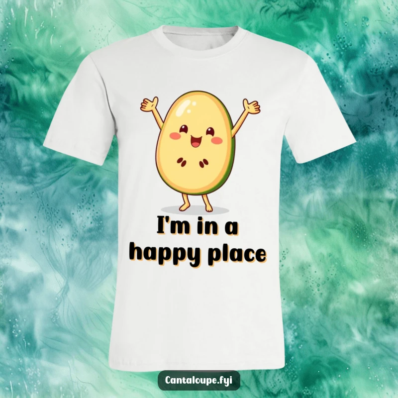 Funny cantaloupe character in a dynamic, joyful dance pose wearing a t-shirt, showcasing fruity humor.