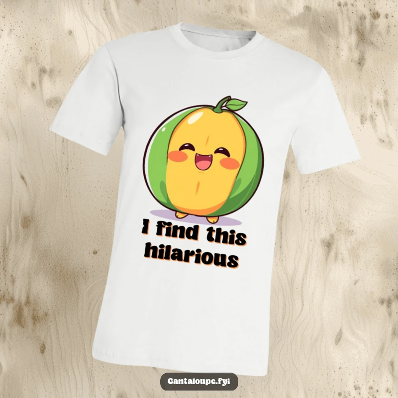 Funny cantaloupe half t-shirt, captured in a big, juicy laugh, embodying pure comedic delight and infectious cheer.