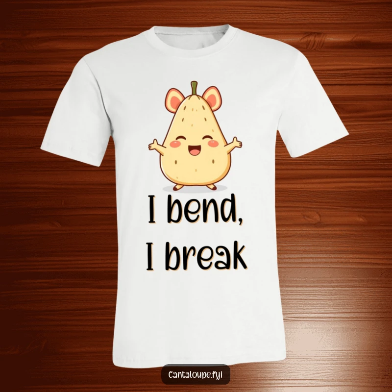 Funny t-shirt showing a cheerful anthropomorphic cantaloupe character executing a perfect, joyful split with visible glee.