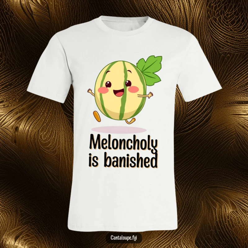 Funny Cantaloupe T-Shirt showcasing a smiling cantaloupe segment character mid-bouncy step, exuding pure joy and fun.
