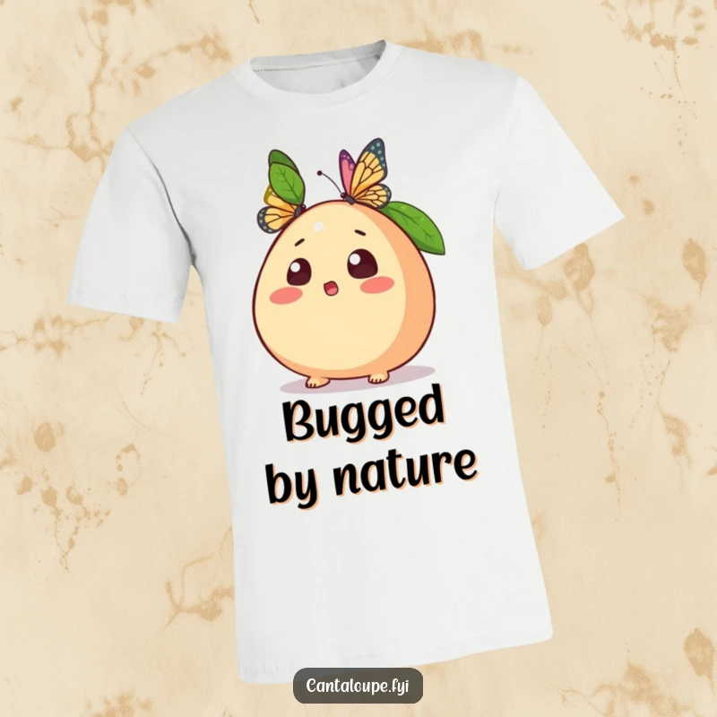 Funny t-shirt showcasing a shocked anthropomorphic cantaloupe character as a butterfly alights on its top, perfect for casual humor.