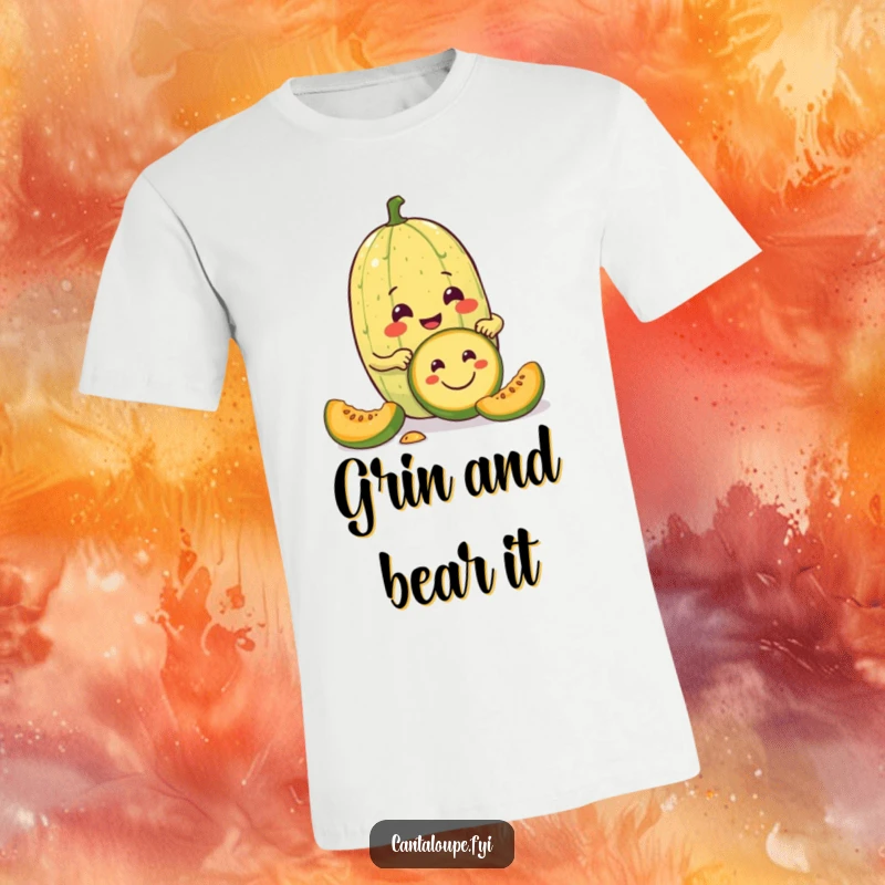Funny t-shirt depicting a cantaloupe character enthusiastically carving a happy smiley face into a smaller melon with great focus.