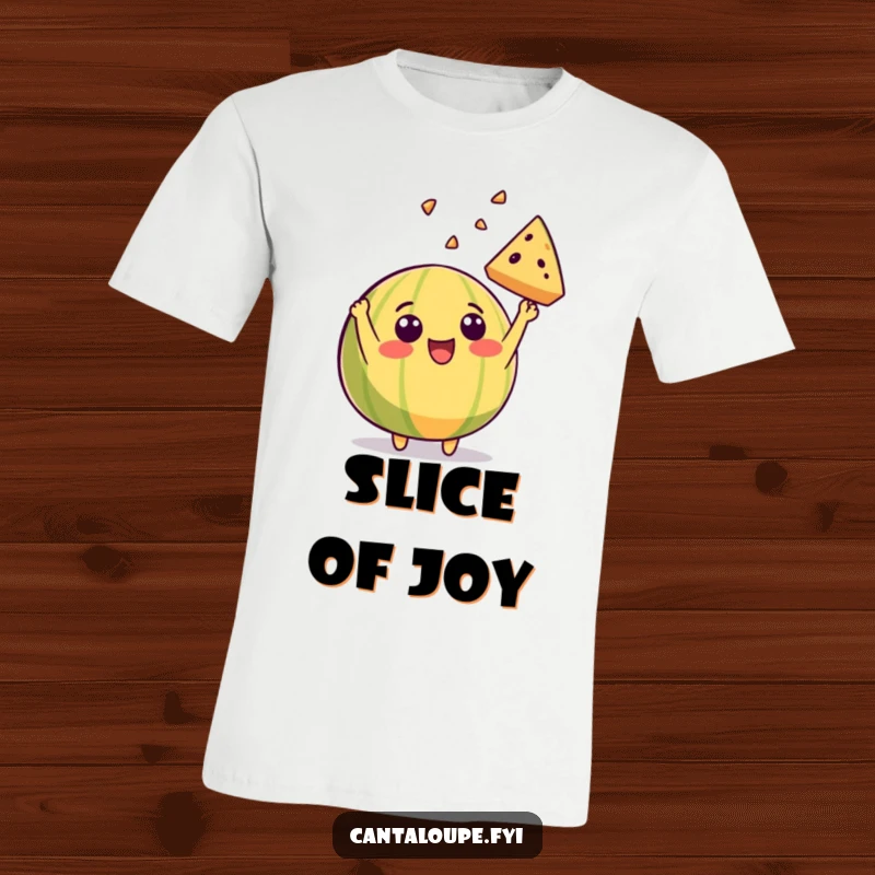 Funny t-shirt depicting a beaming cantaloupe character excitedly tossing a slice of itself skyward in a moment of pure elation.